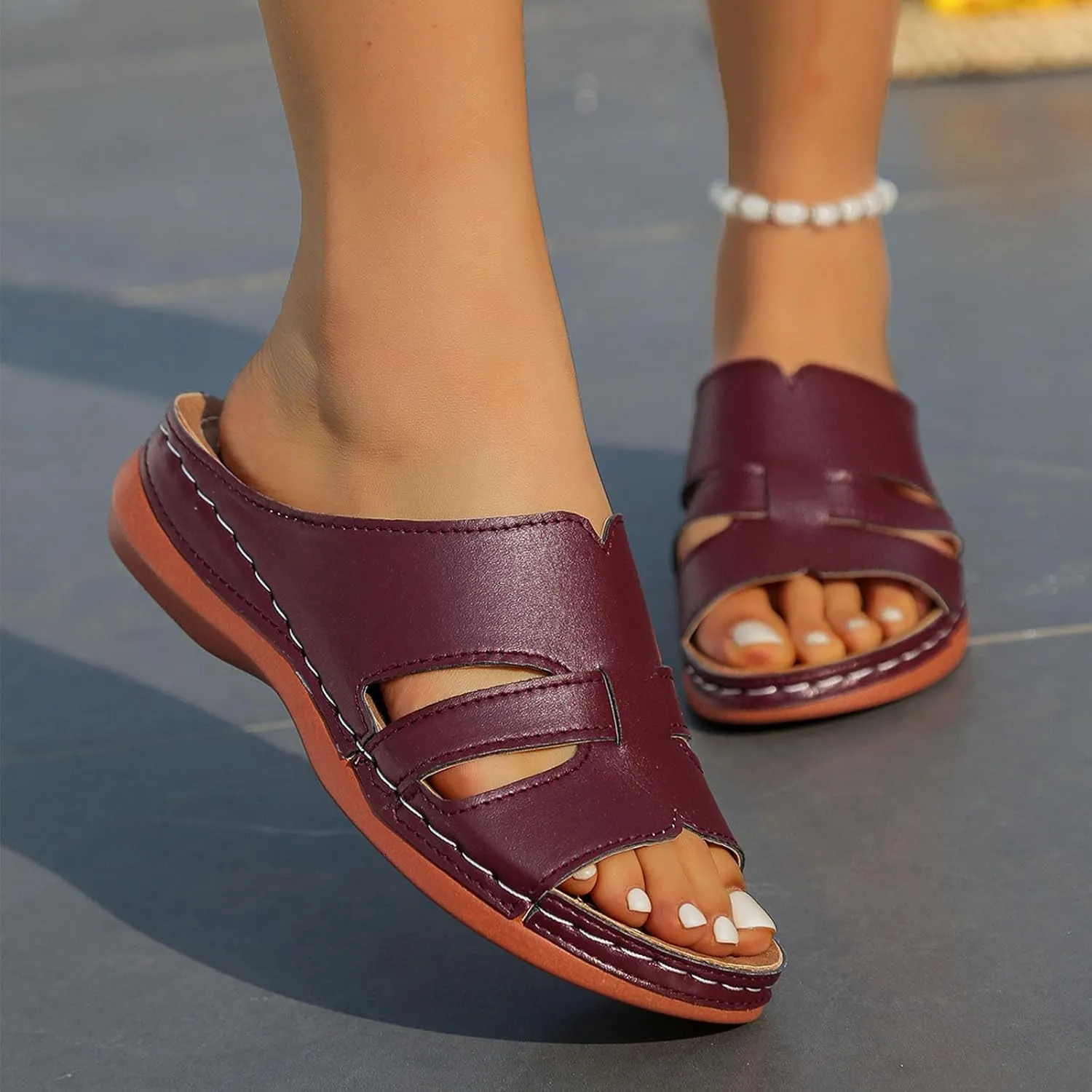 Women Summer Solid Slip On Casual Open Toe Wedges Comfortable Beach Shoes Sandals Slippers Strapped Sandals for Women