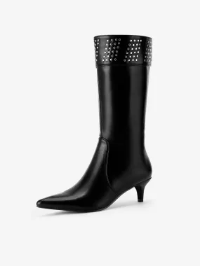Women's Pointed Toe Kitten Heels Knee High Boots